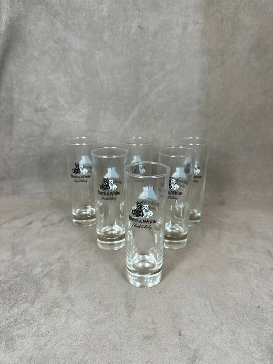 Set of 6 Black&amp;White Whisky vintage glass glasses Made in France 1990s