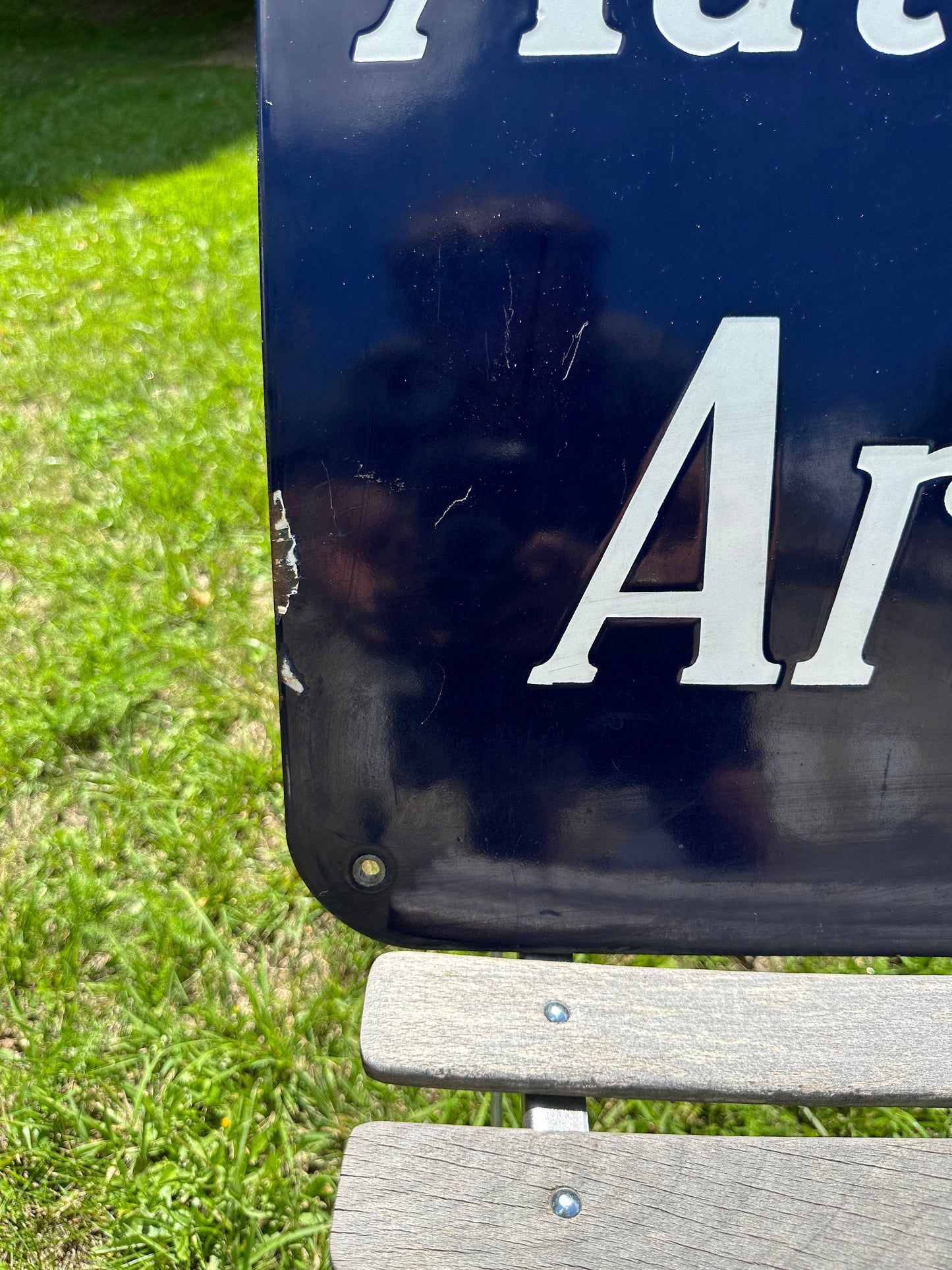 RARE Vintage French city street sign "AUTOBUS ARRET" in blue enameled sheet metal. Made in France 1930