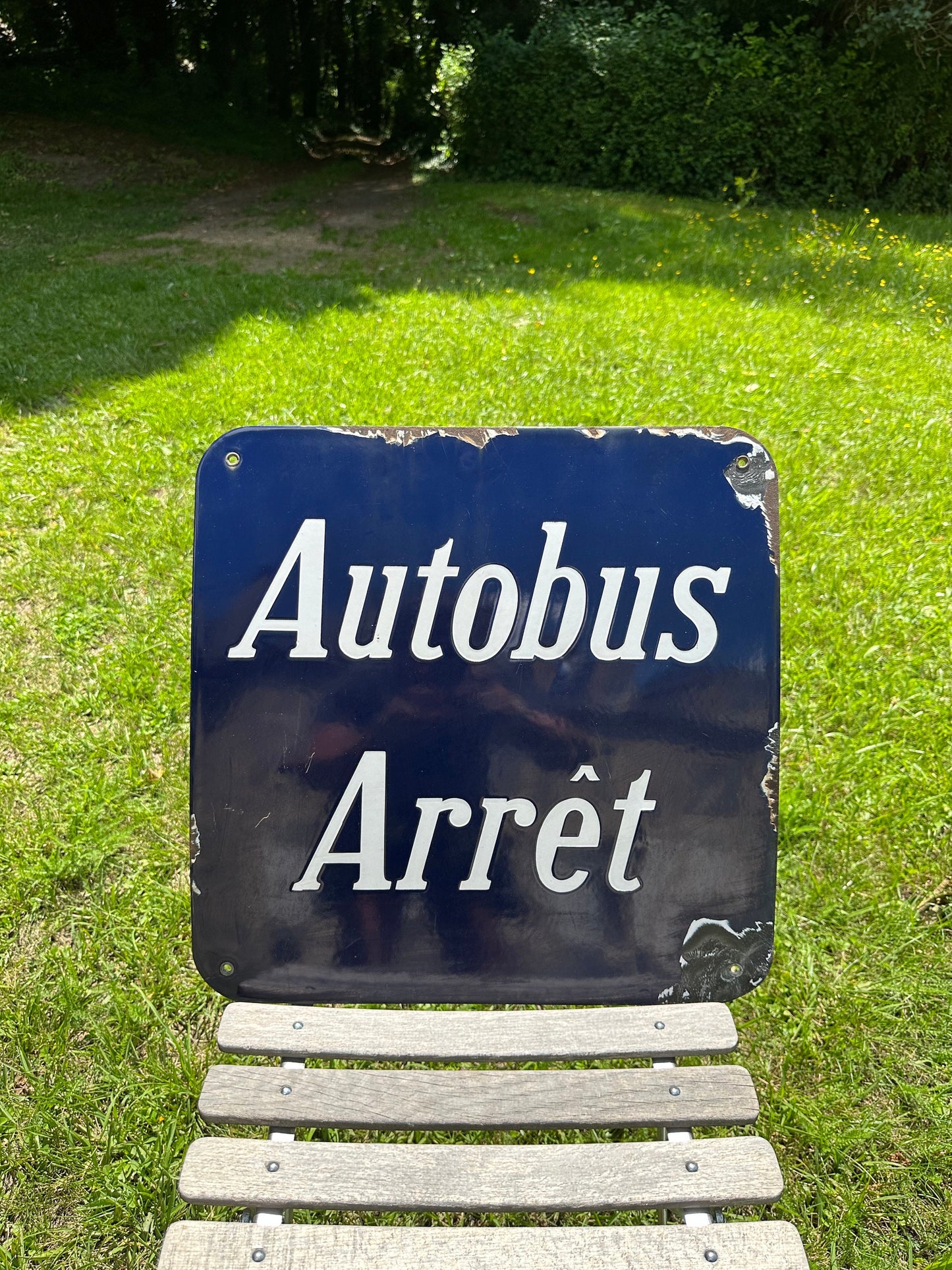 RARE Vintage French city street sign "AUTOBUS ARRET" in blue enameled sheet metal. Made in France 1930