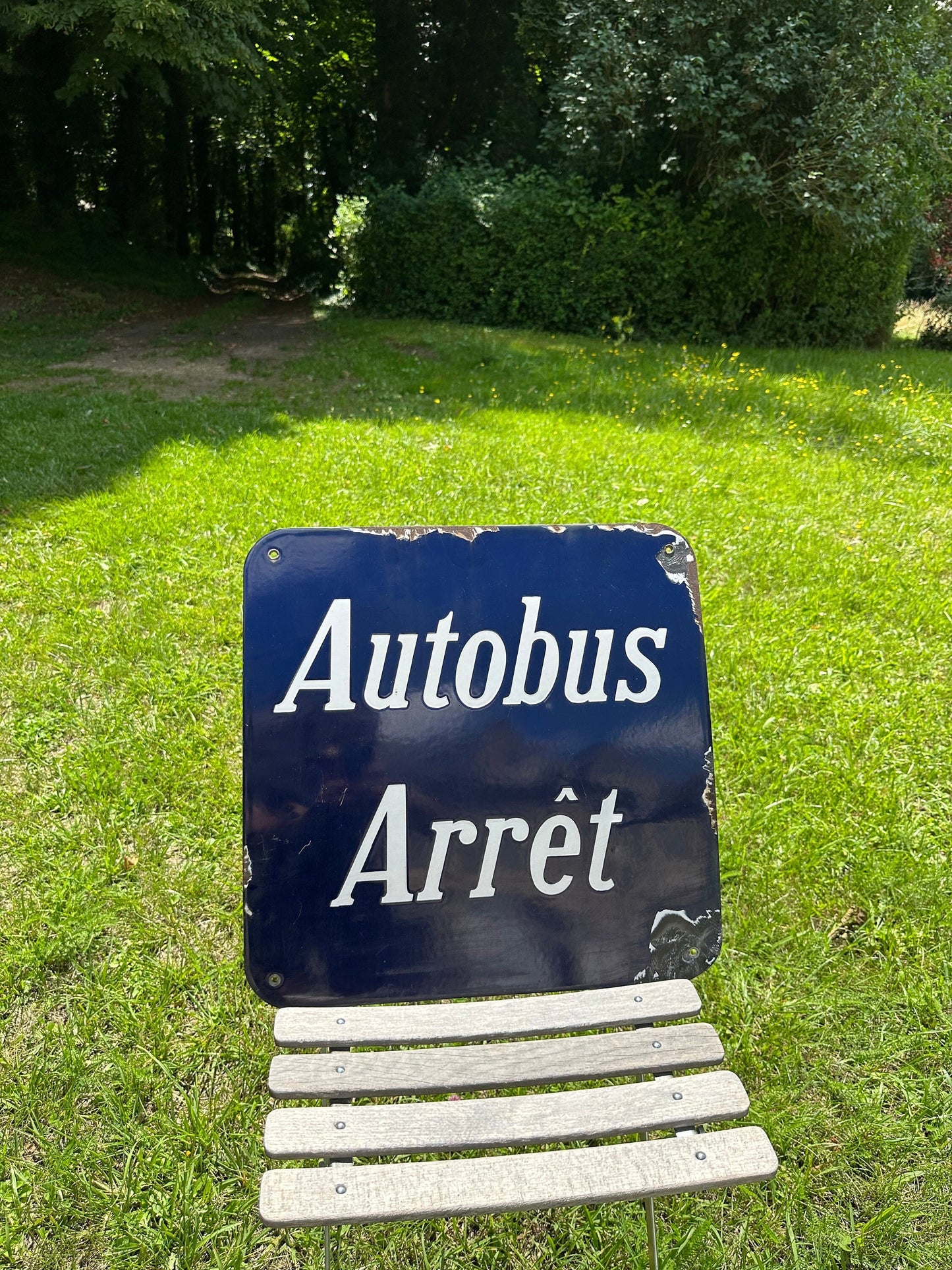 RARE Vintage French city street sign "AUTOBUS ARRET" in blue enameled sheet metal. Made in France 1930