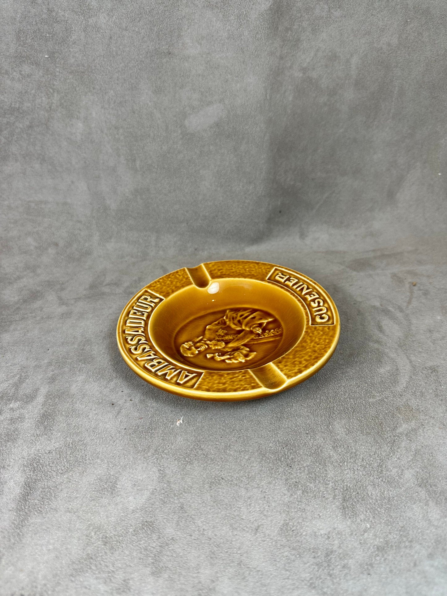 Vintage orange ceramic ashtray Ambassadeur Cusenier Made in France 1950s