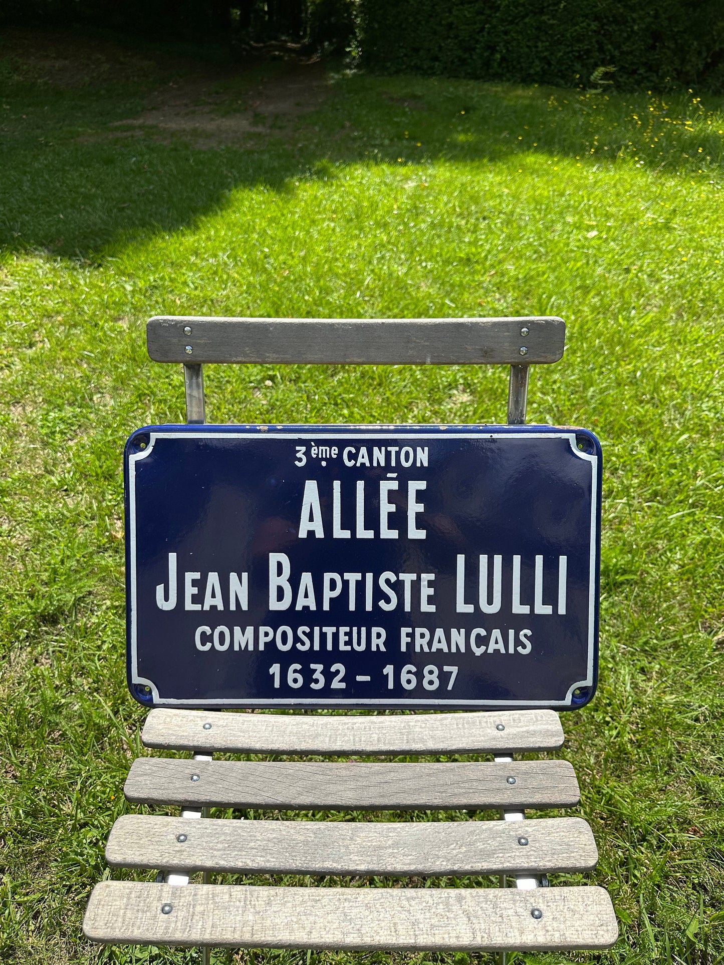 RARE Vintage French town street sign "Jean Baptiste Lully French Composer" in blue enameled sheet metal. Made in France 1950