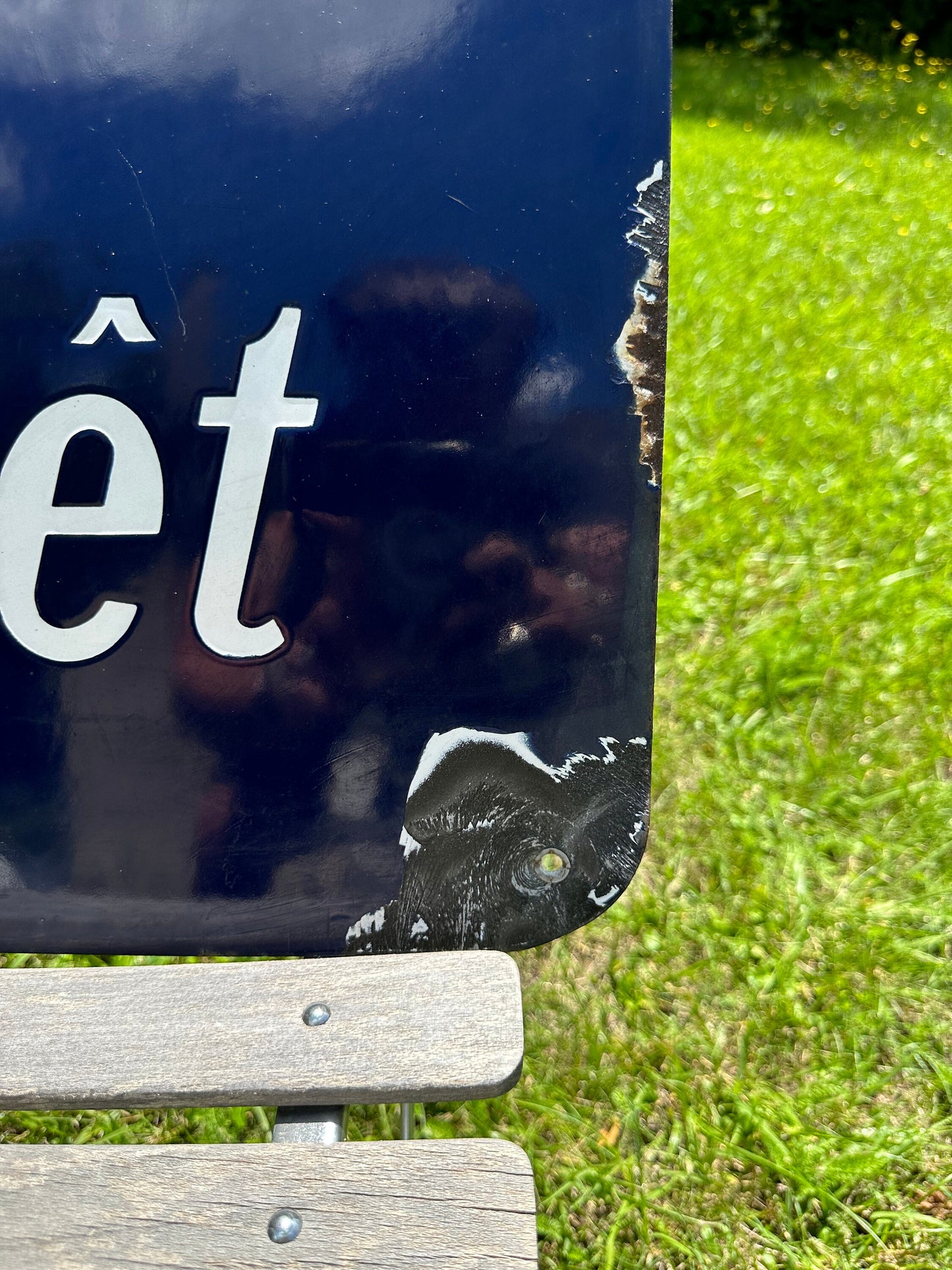 RARE Vintage French city street sign "AUTOBUS ARRET" in blue enameled sheet metal. Made in France 1930