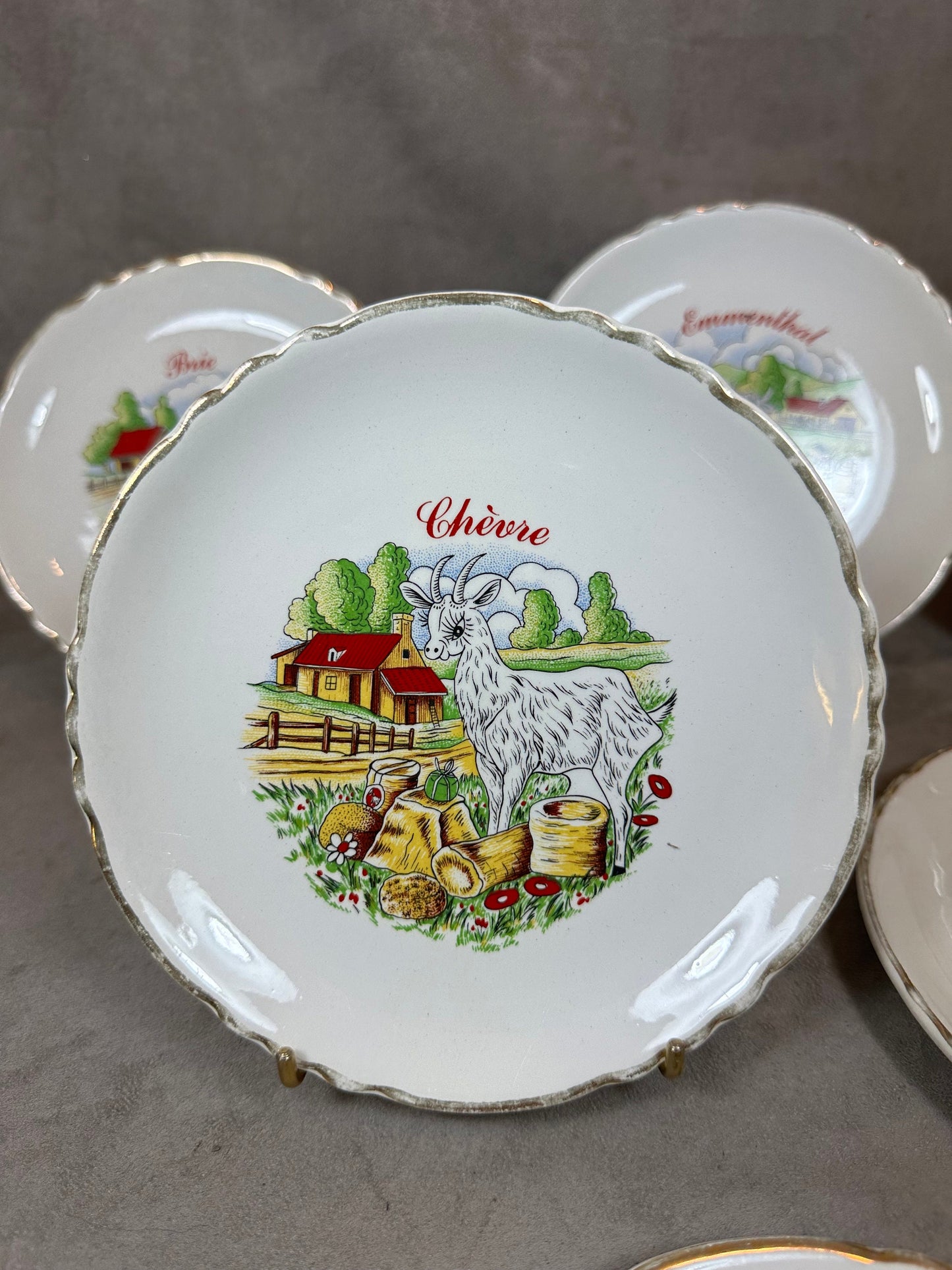 Set of 6 Earthenware Plates on the Theme of Cheese by Moulin des Loups, Made in France, Vintage 1960