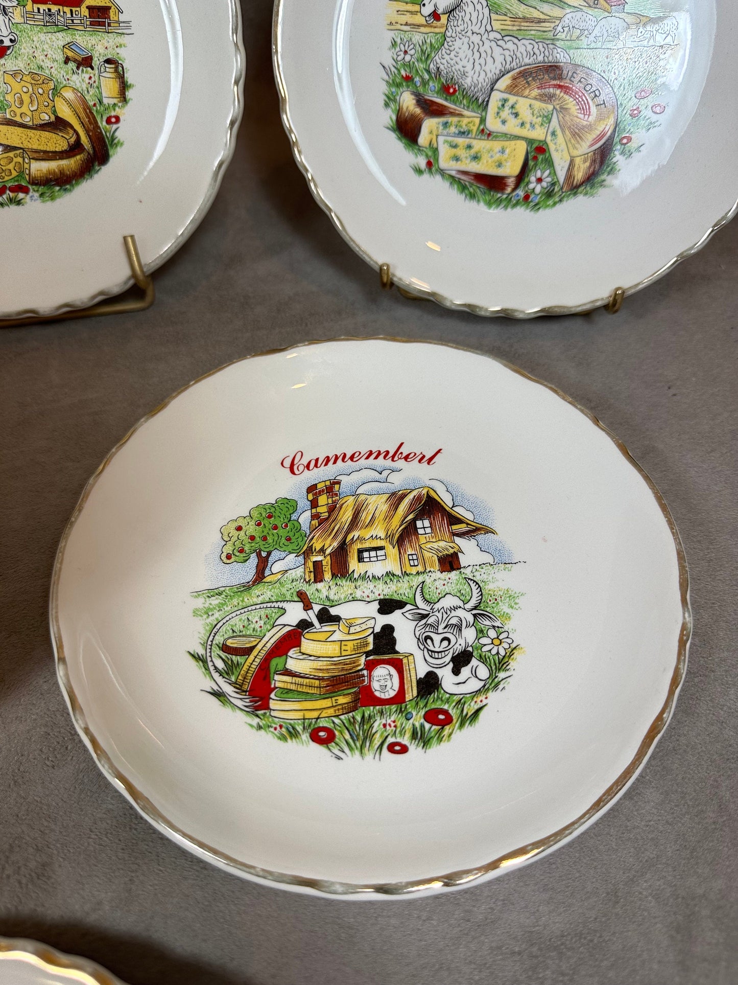 Set of 6 Earthenware Plates on the Theme of Cheese by Moulin des Loups, Made in France, Vintage 1960