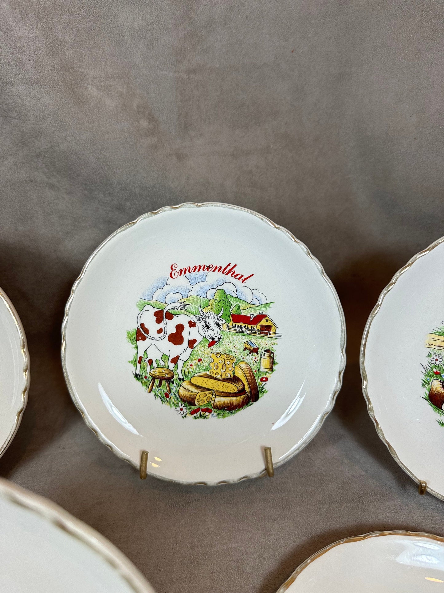 Set of 6 Earthenware Plates on the Theme of Cheese by Moulin des Loups, Made in France, Vintage 1960