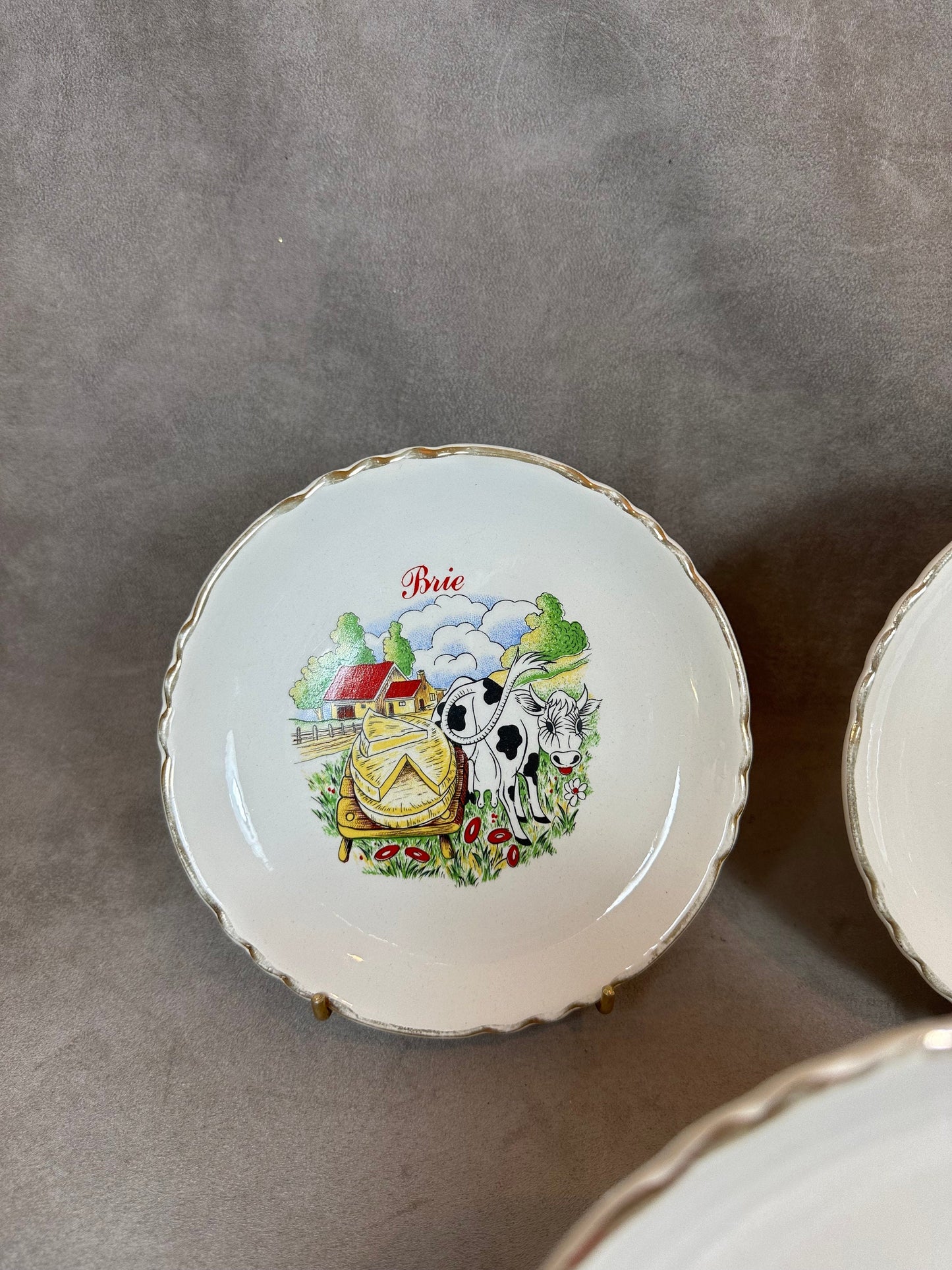Set of 6 Earthenware Plates on the Theme of Cheese by Moulin des Loups, Made in France, Vintage 1960
