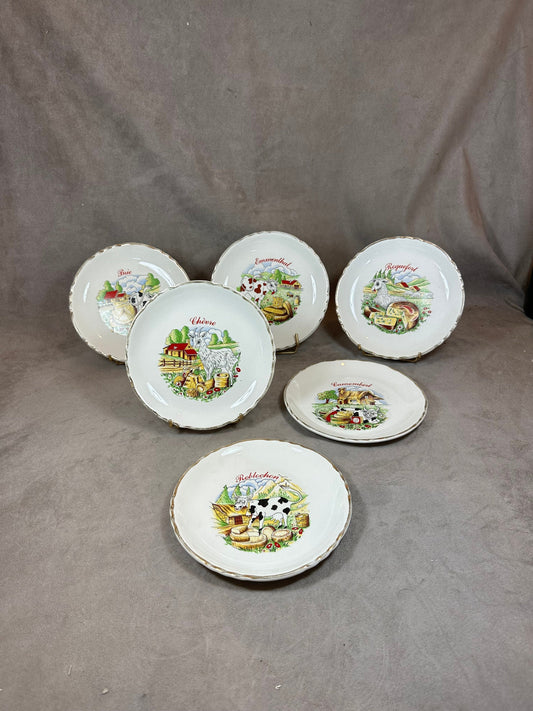 Set of 6 Earthenware Plates on the Theme of Cheese by Moulin des Loups, Made in France, Vintage 1960
