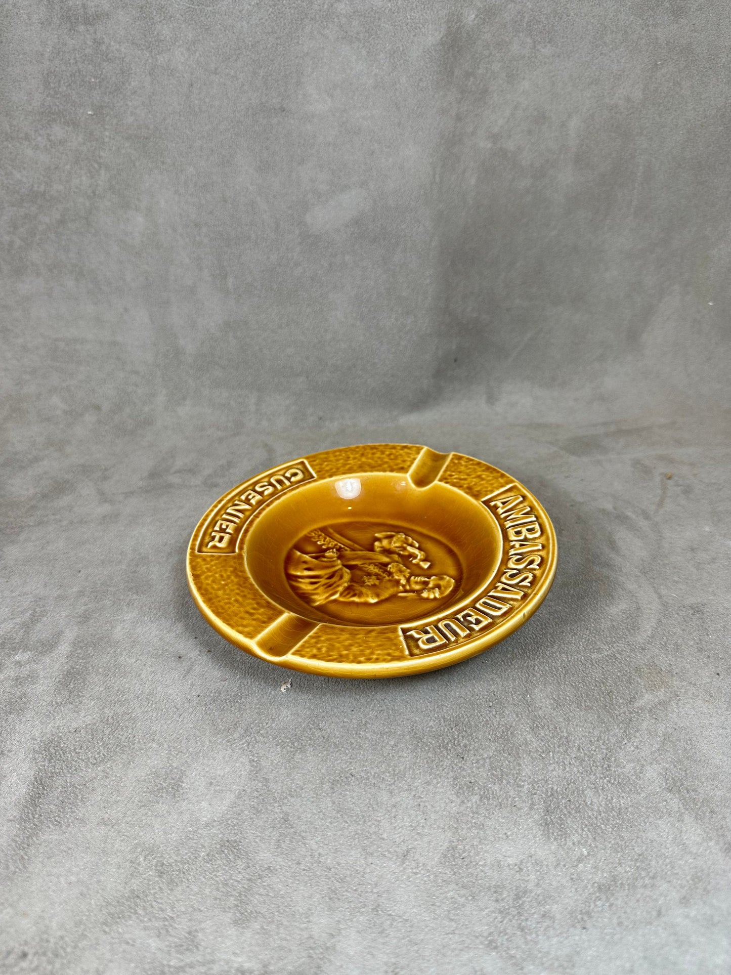 Vintage orange ceramic ashtray Ambassadeur Cusenier Made in France 1950s