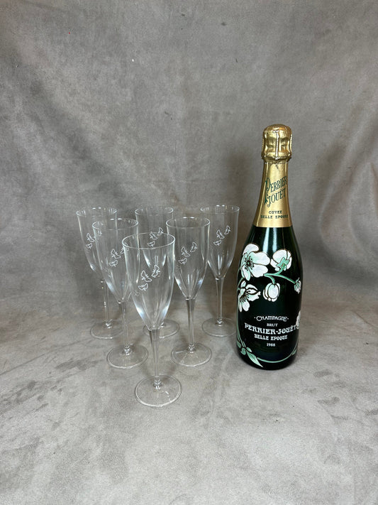 VERY RARE Set of 6 Perrier-Jouët crystal champagne flutes special edition "Small discoveries by mischertraxler studio" 1990s