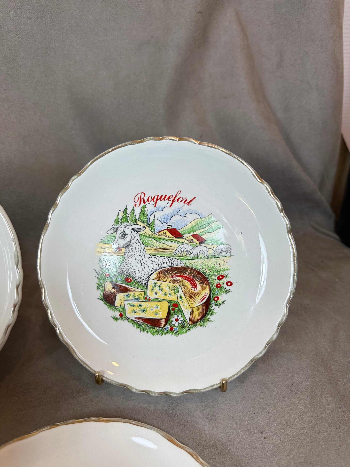 Set of 6 Earthenware Plates on the Theme of Cheese by Moulin des Loups, Made in France, Vintage 1960