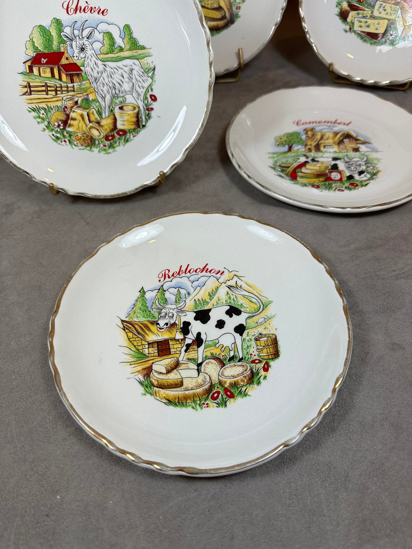 Set of 6 Earthenware Plates on the Theme of Cheese by Moulin des Loups, Made in France, Vintage 1960