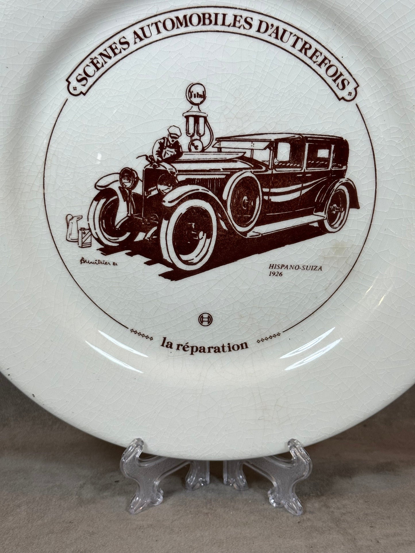 Gien Earthenware Plate, Old-Time Automobile Scenes, Repair, Made in France, Vintage 1980