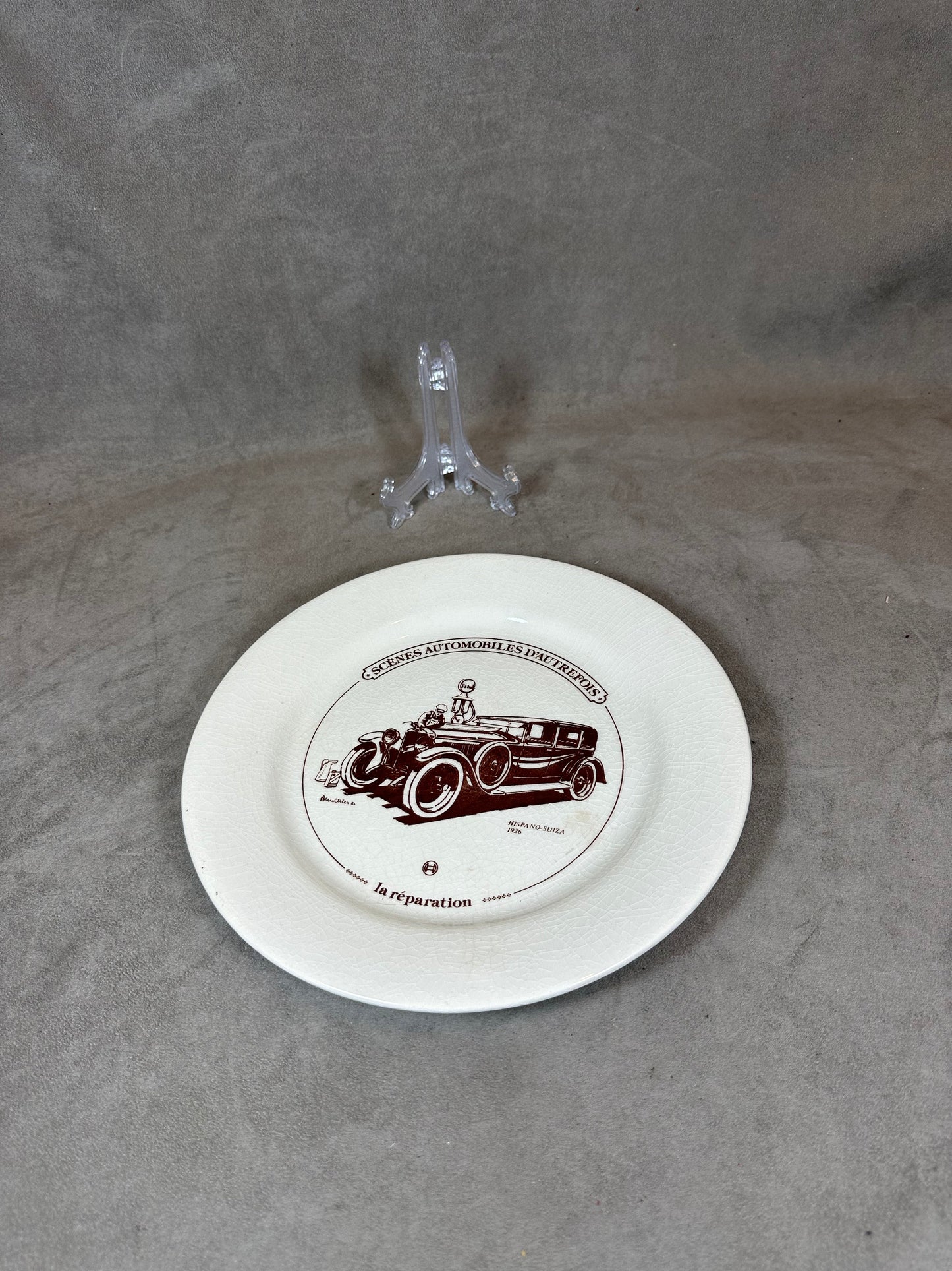 Gien Earthenware Plate, Old-Time Automobile Scenes, Repair, Made in France, Vintage 1980
