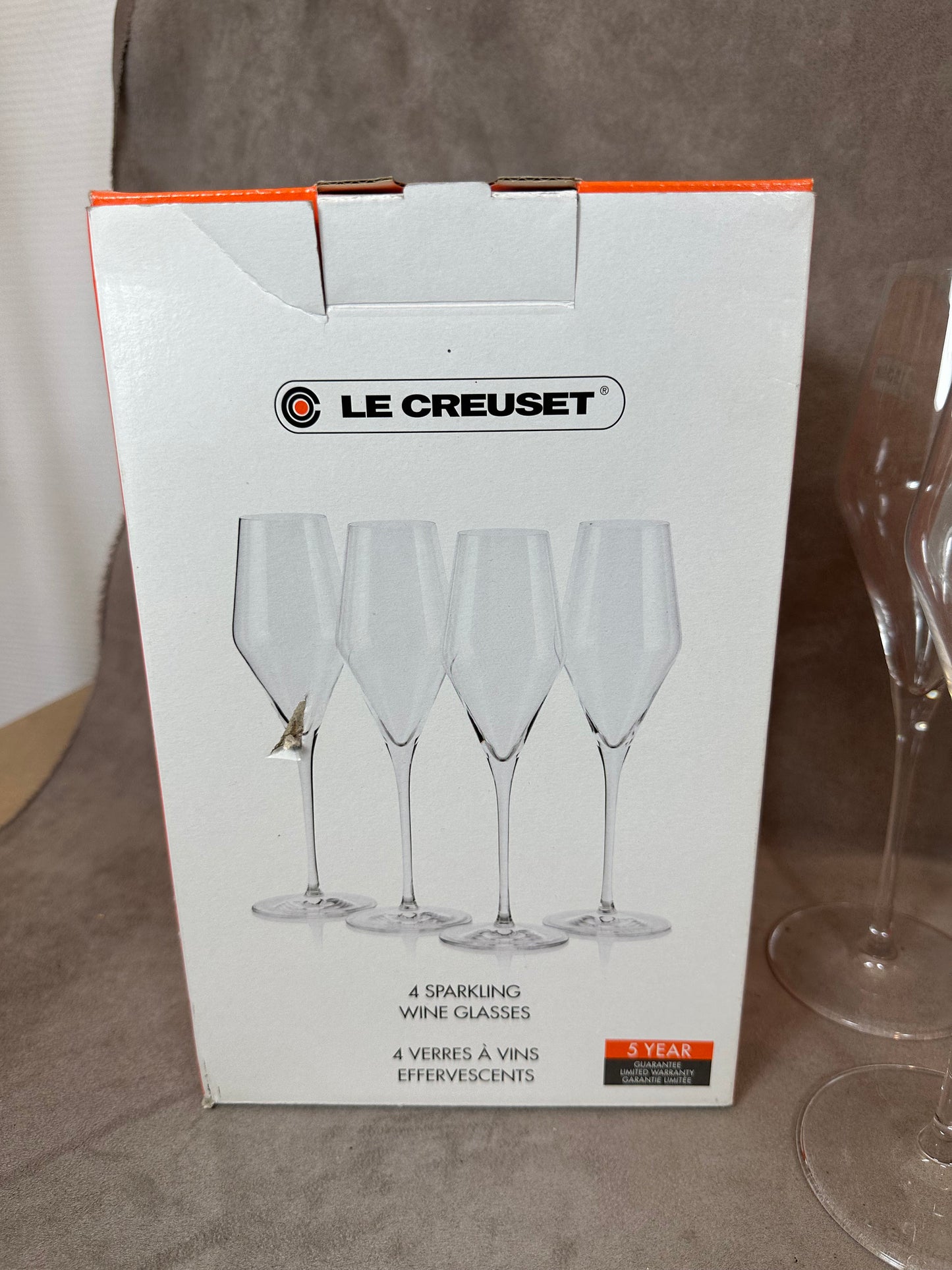 Set mit 4 Champagnerflöten aus Kristall von Le Creuset. Hergestellt in Frankreich.