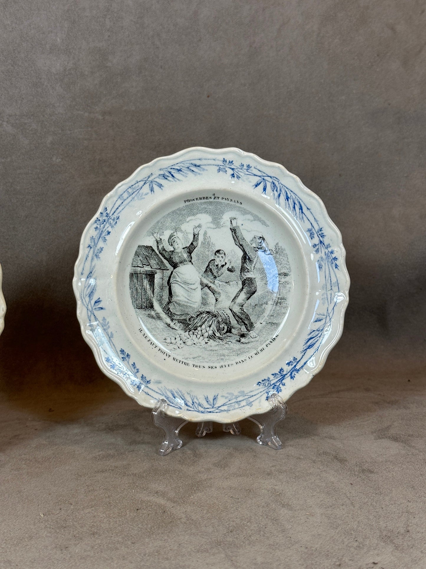 Set of 2 old talking plates in earthenware on the theme of peasant proverbs Creil and Montereau Terre de Fer made in France 1900