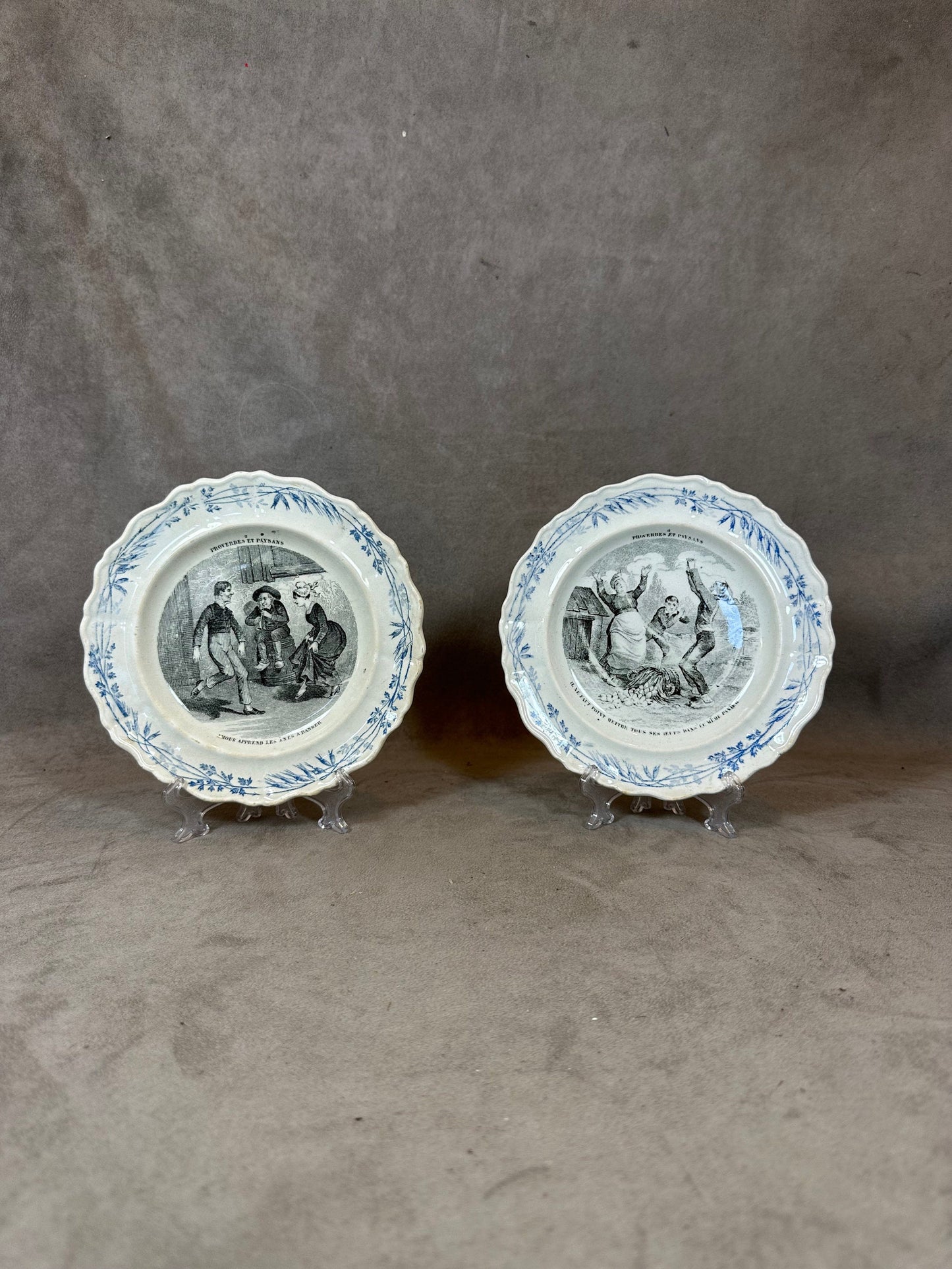 Set of 2 old talking plates in earthenware on the theme of peasant proverbs Creil and Montereau Terre de Fer made in France 1900