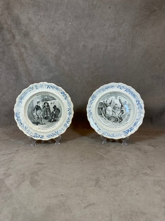Set of 2 old talking plates in earthenware on the theme of peasant proverbs Creil and Montereau Terre de Fer made in France 1900