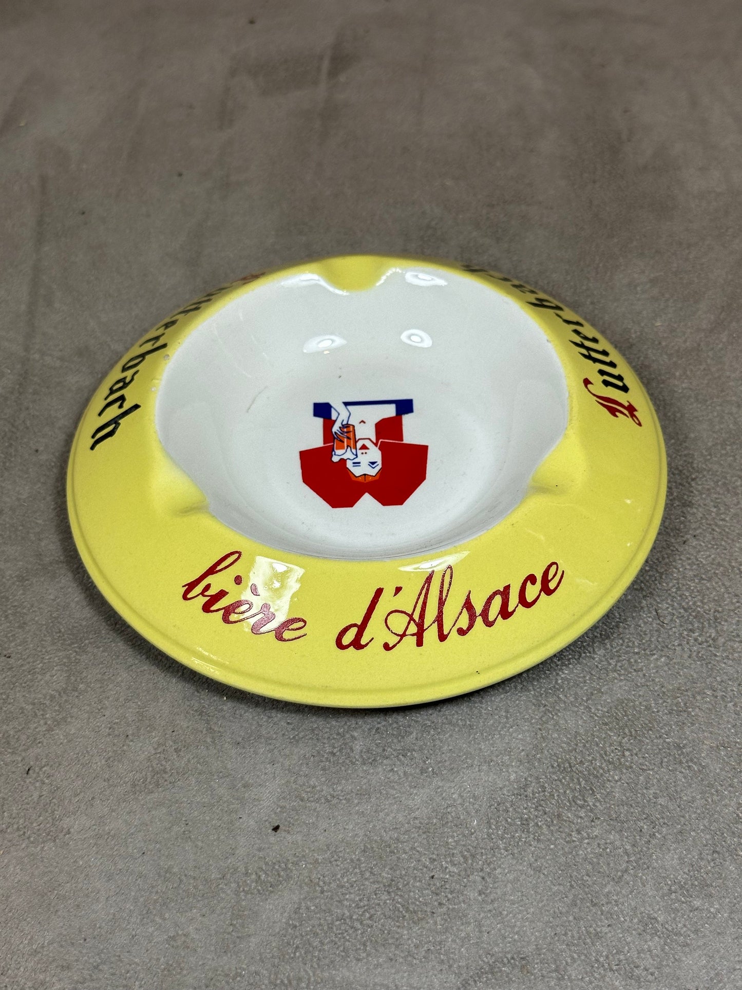 Yellow ceramic ashtray Lutterbach Alsace beer by Moulin des Loups Vintage Made in France