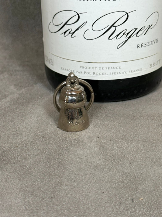 Porte clés Pol Roger en métal argenté en forme de bouchon de champagne Made in France Années 1980