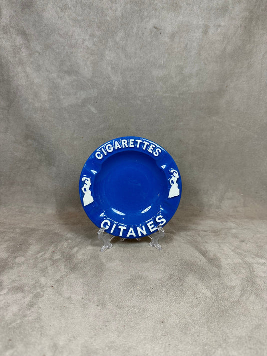 Cendrier vintage en céramique bleu cigarettes Gitanes Made in France Années 1950