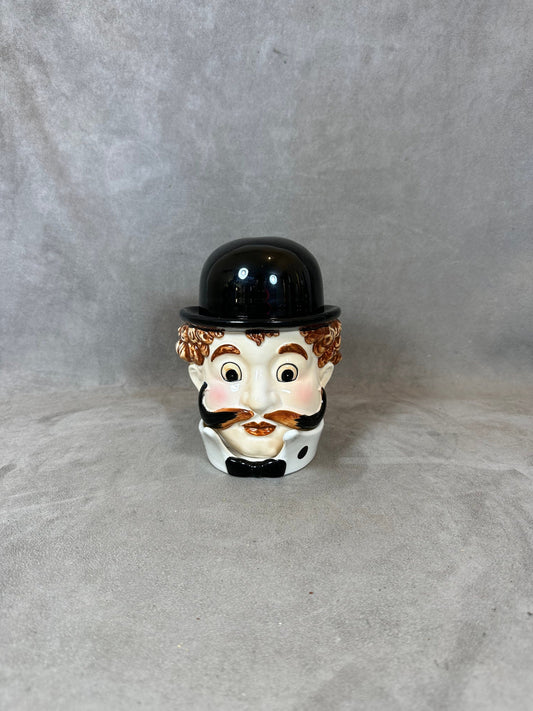 RARE Pot à tabac en porcelaine anthropomorphe en forme d'homme à moustache et chapeau vintage Années 1950