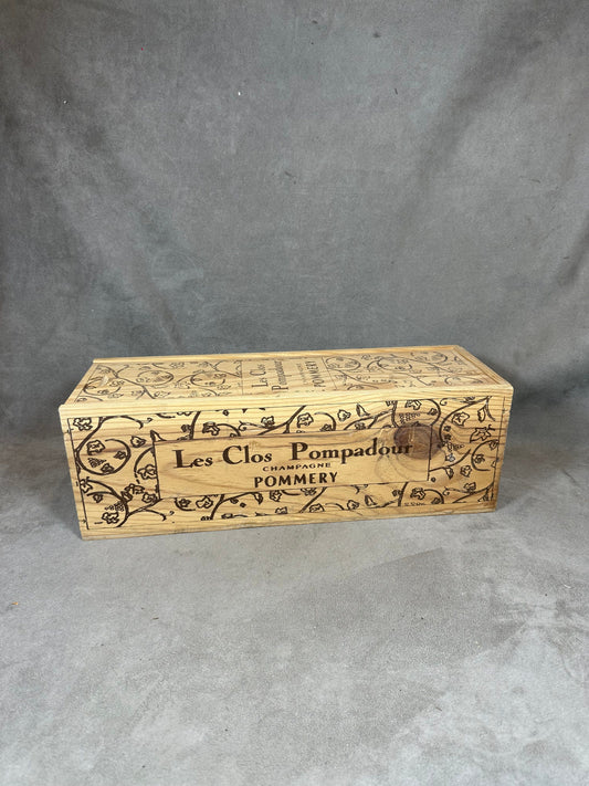 Wooden box for Pommery champagne bottle "Les Clos Pompadour" Made in France 1980s