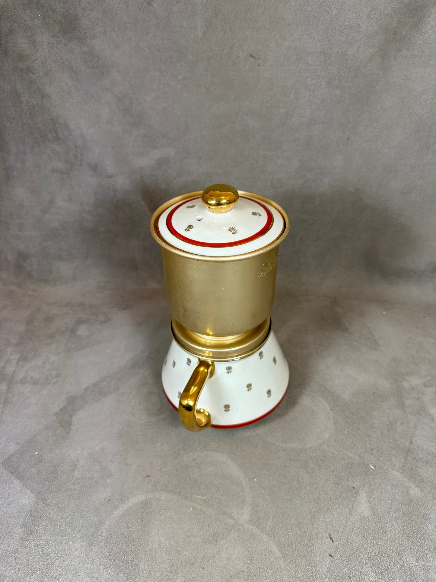 RARE Cafetière filtre Salam doré sur faïence vintage rouge et blanche à détails doré années 1960