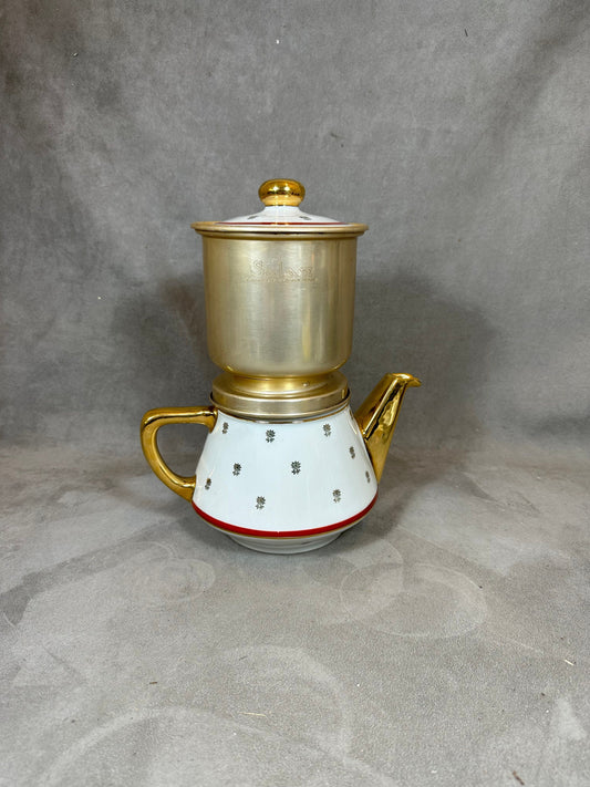 RARE Cafetière filtre Salam doré sur faïence vintage rouge et blanche à détails doré années 1960