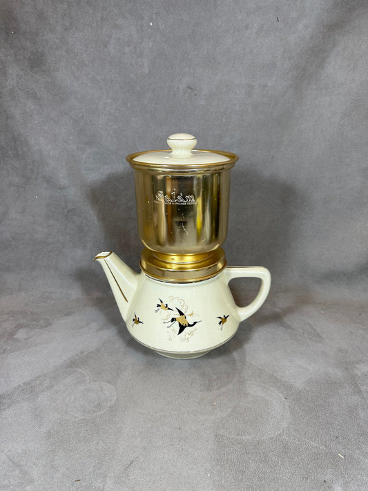 SELTENE Salam Filterkaffeemaschine, Gold auf Vintage-Steingut in Rot und Weiß mit Vogeldekor, 1960er Jahre