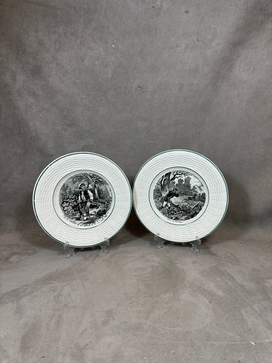 Set of 2 old talking plates on the theme of hunting DIGOIN Sarreguemines in vintage earthenware Made in France 1900