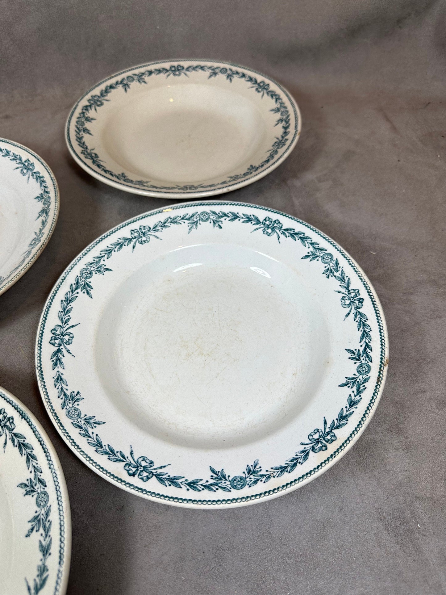 Lot de 4 assiettes anciennes creuses Moulins de loups ligne Lauriers vintage Made in France 1930