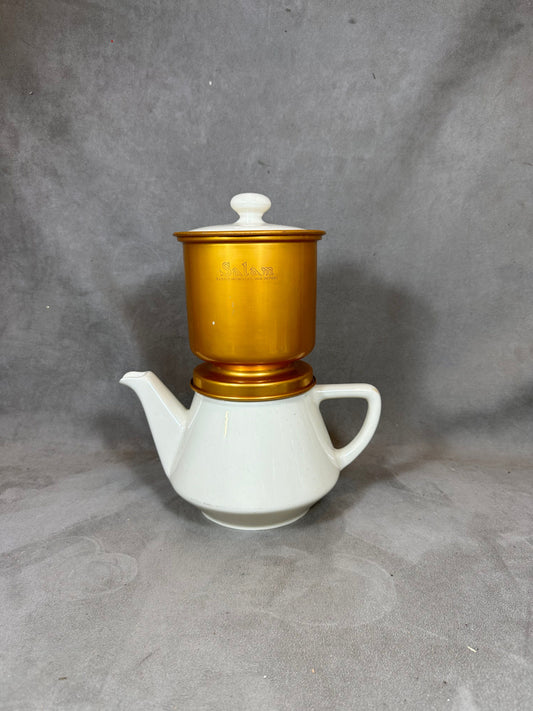 RARE Salam filter coffee maker in gold on Villeroy and Boch Mettlach earthenware