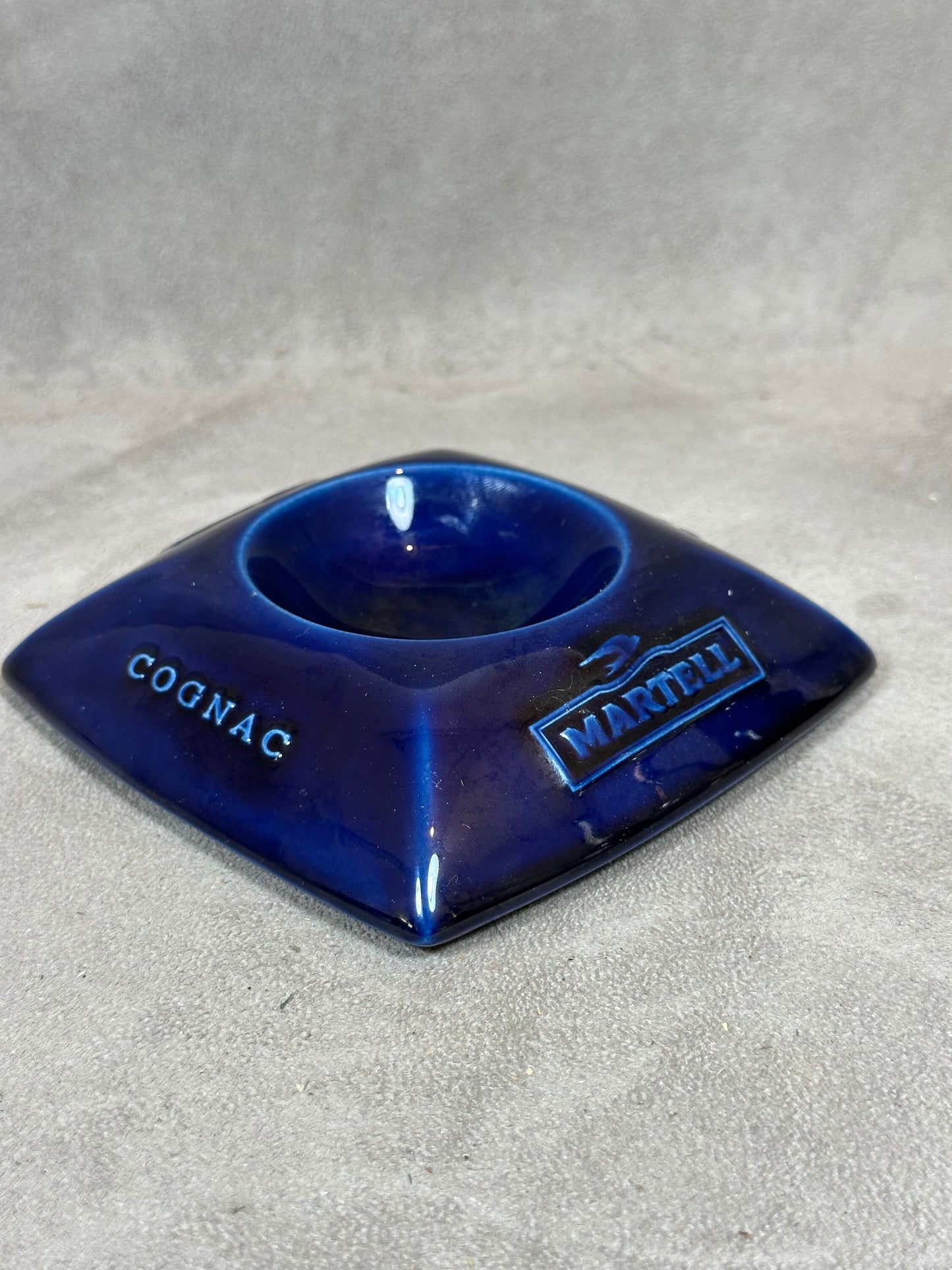 Martell Cognac ashtray in vintage blue Montgolfier earthenware Made in France