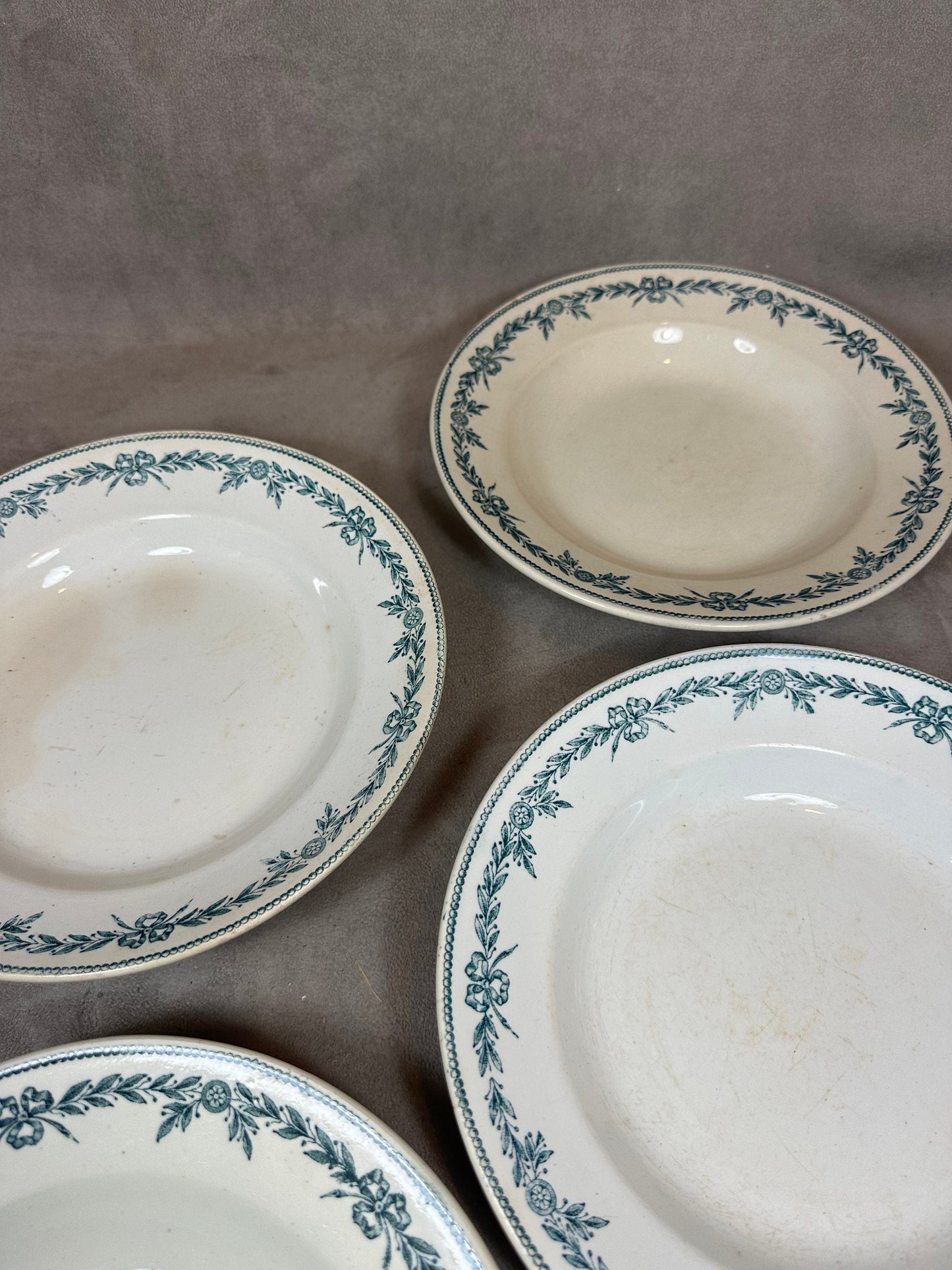 Lot de 4 assiettes anciennes creuses Moulins de loups ligne Lauriers vintage Made in France 1930