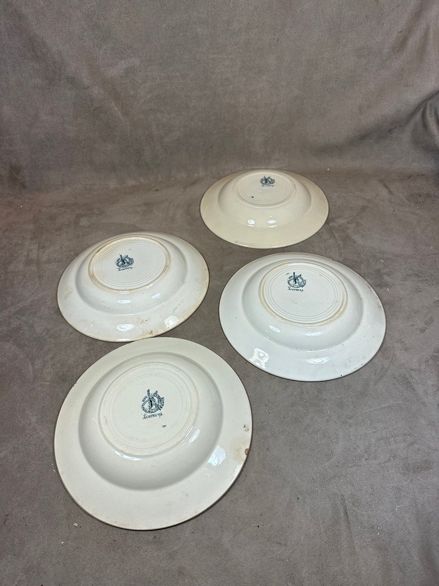 Lot de 4 assiettes anciennes creuses Moulins de loups ligne Lauriers vintage Made in France 1930