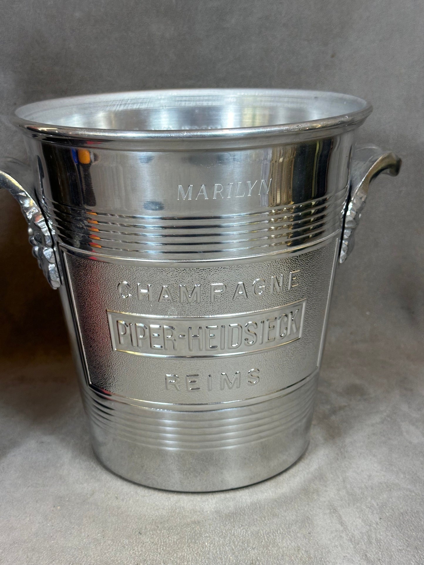 VERY RARE Magnificent vintage Piper-Heidsieck special edition Marylin Monroe aluminum champagne bucket 1970s