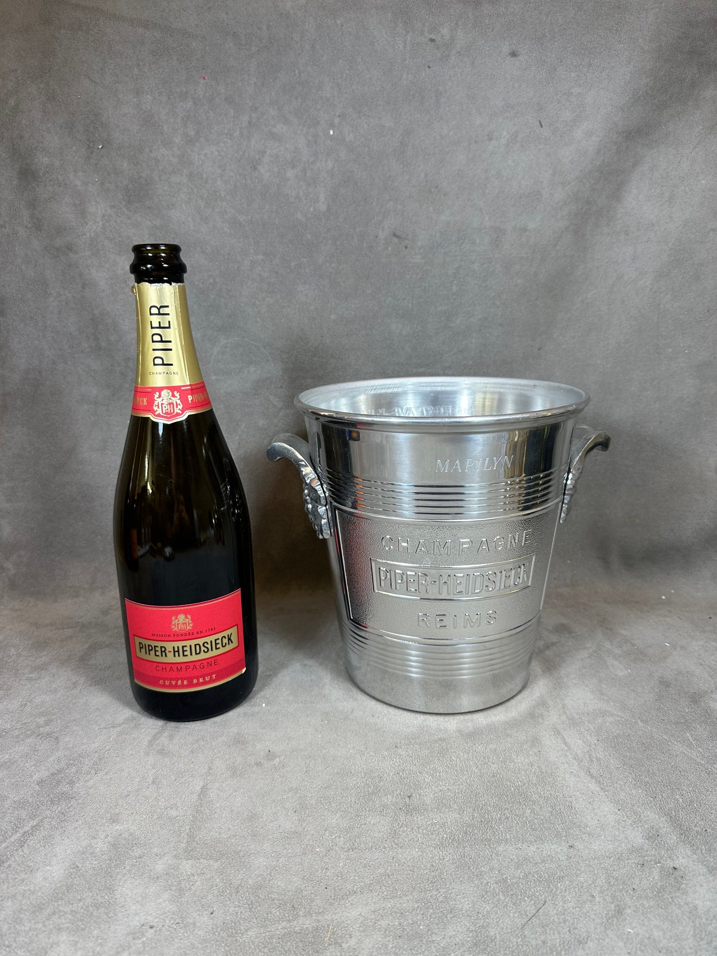 VERY RARE Magnificent vintage Piper-Heidsieck special edition Marylin Monroe aluminum champagne bucket 1970s