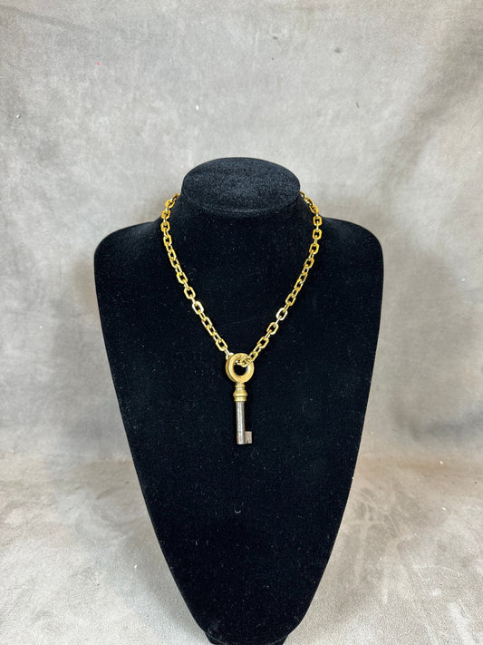 RARE Beautiful Gold Stainless Steel Necklace with Antique Vintage French Chateau Key