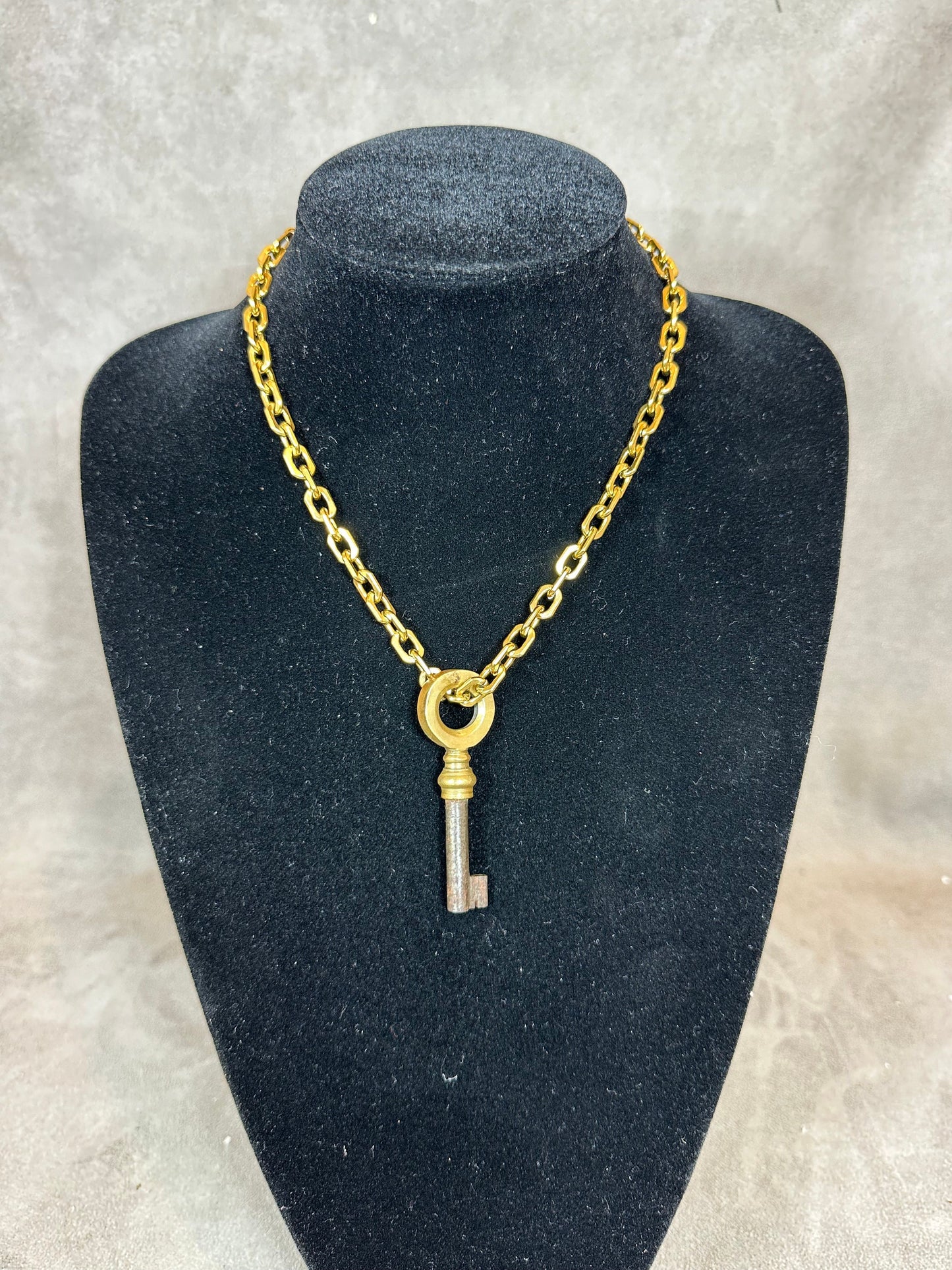 RARE Beautiful Gold Stainless Steel Necklace with Antique Vintage French Chateau Key