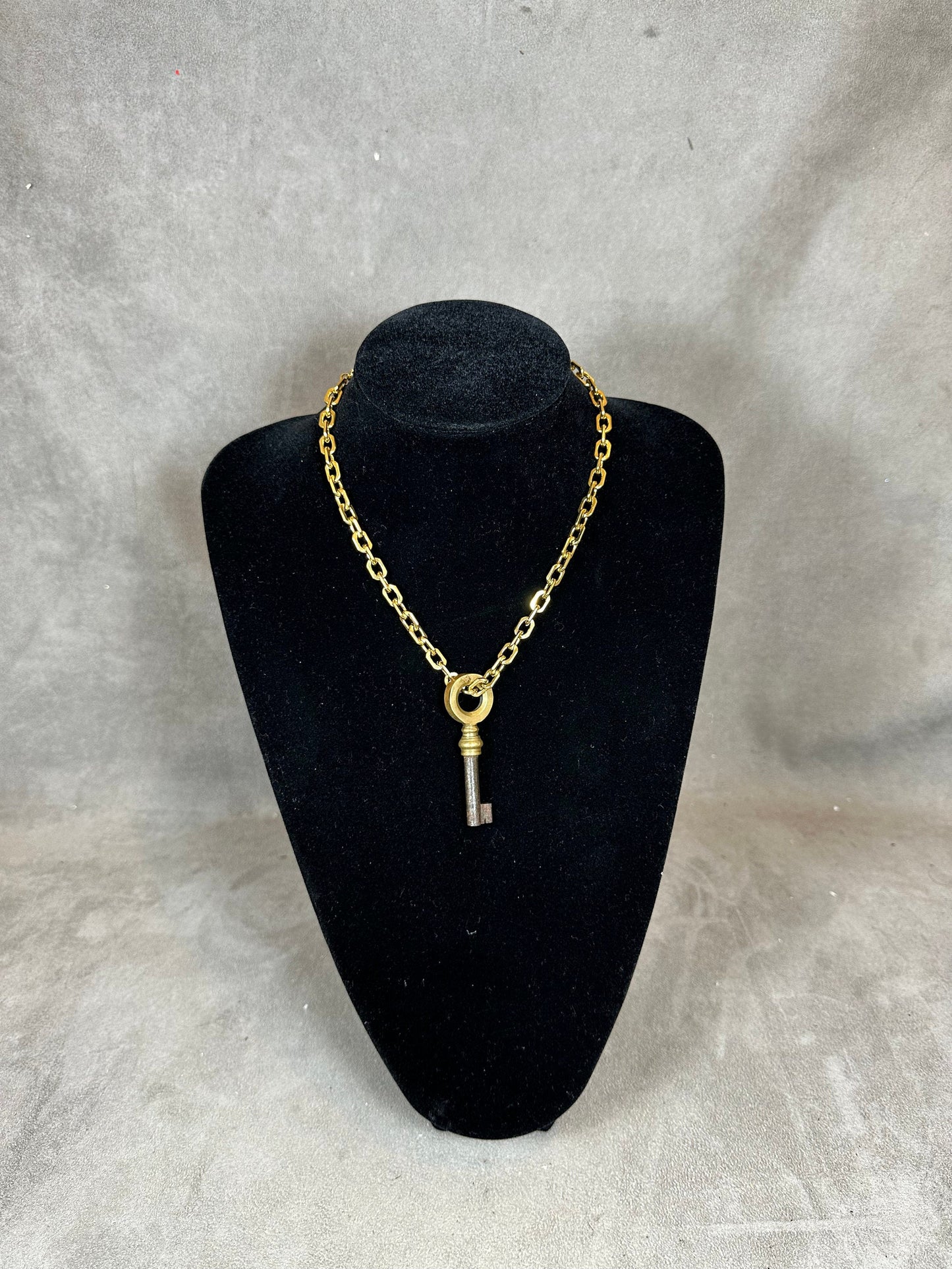 RARE Beautiful Gold Stainless Steel Necklace with Antique Vintage French Chateau Key