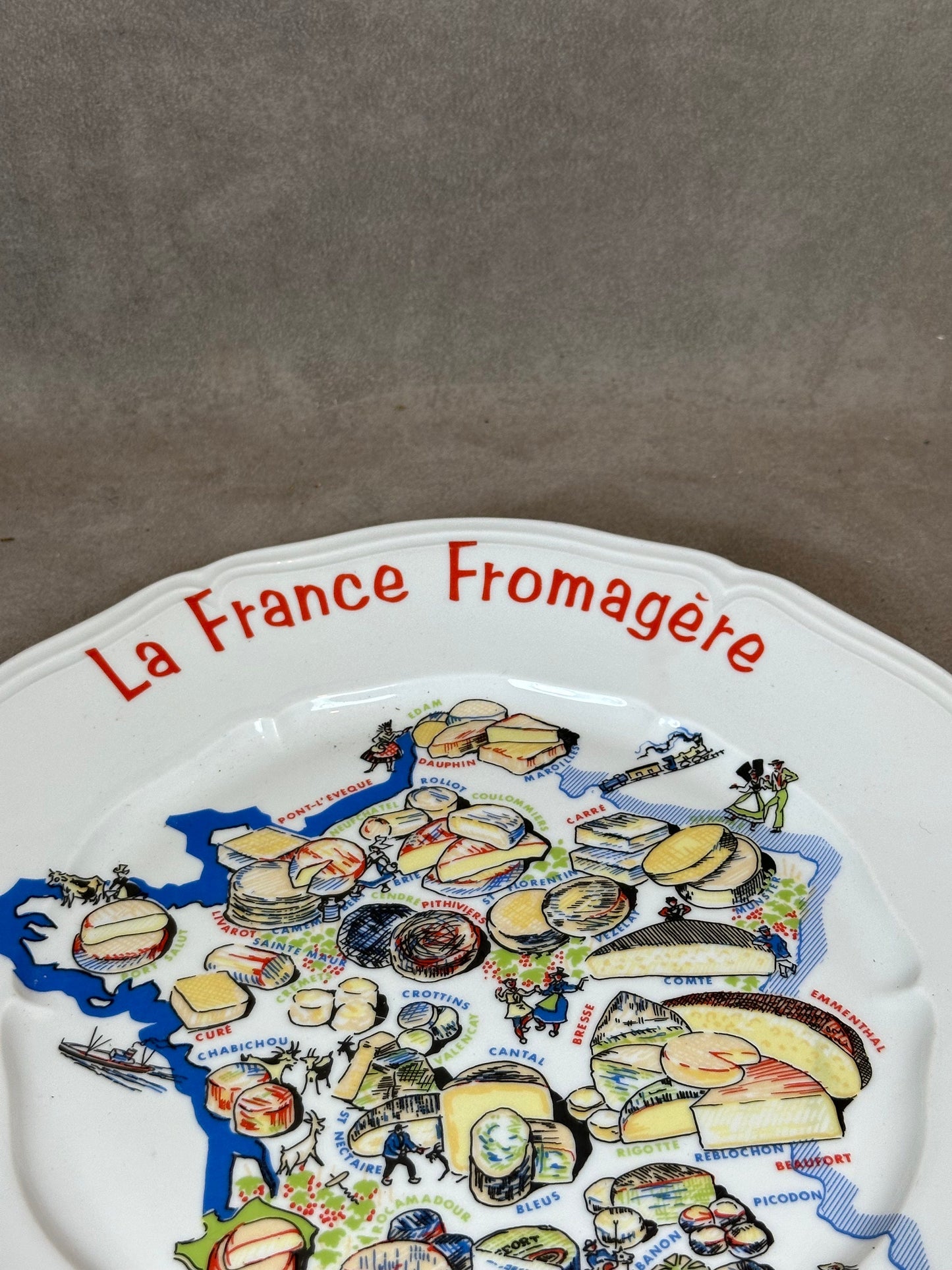 Porcelain cheese board representing the different cheeses from the regions of France, vintage French Made in France