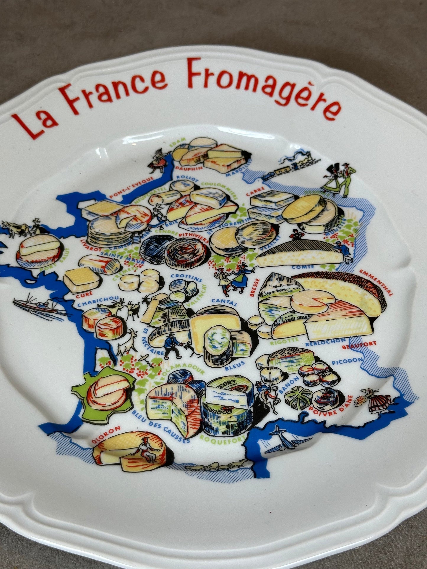 Porcelain cheese board representing the different cheeses from the regions of France, vintage French Made in France