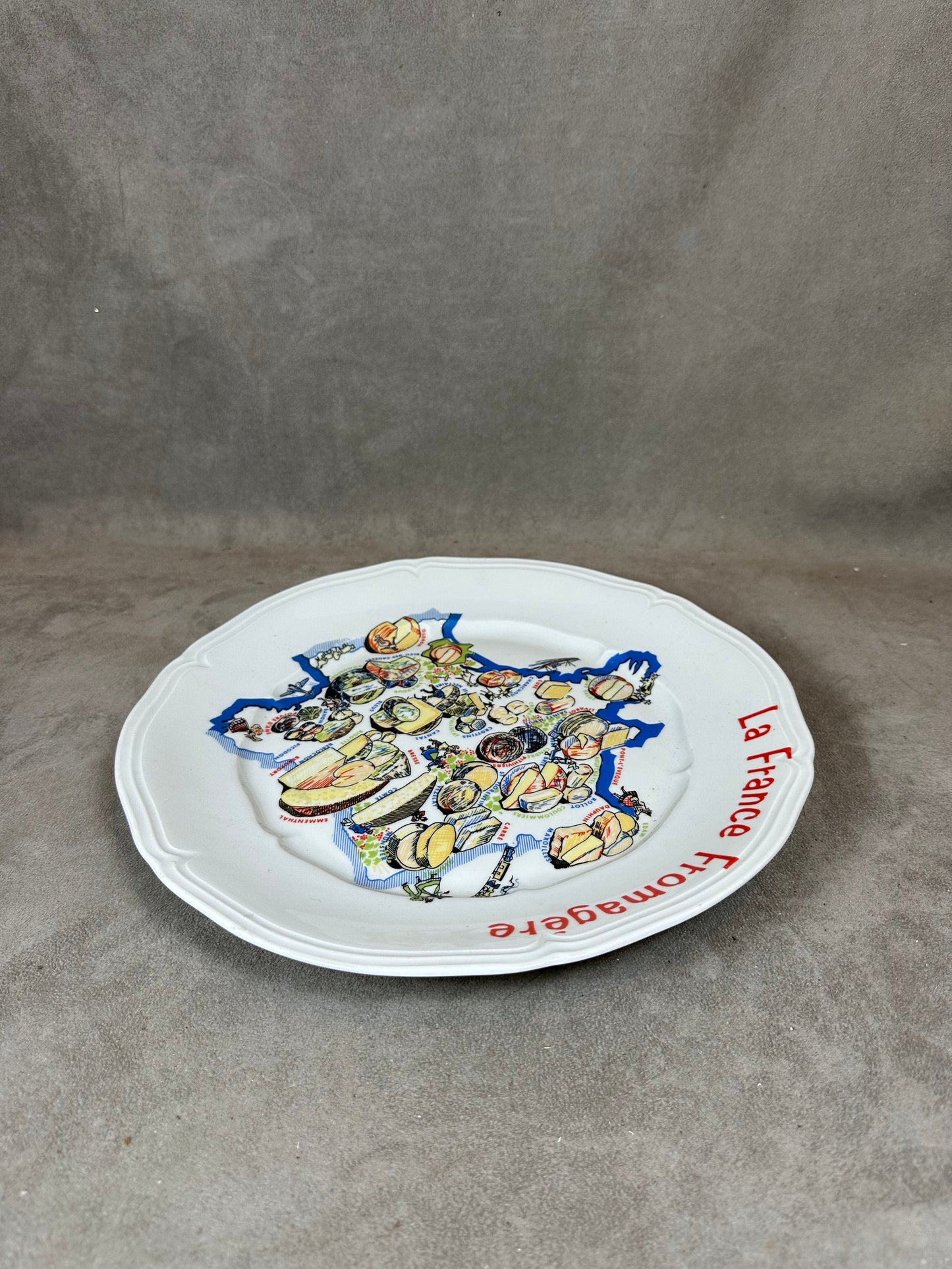 Porcelain cheese board representing the different cheeses from the regions of France, vintage French Made in France