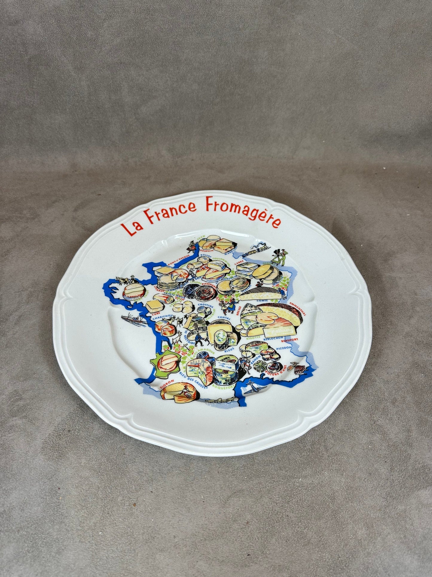 Porcelain cheese board representing the different cheeses from the regions of France, vintage French Made in France