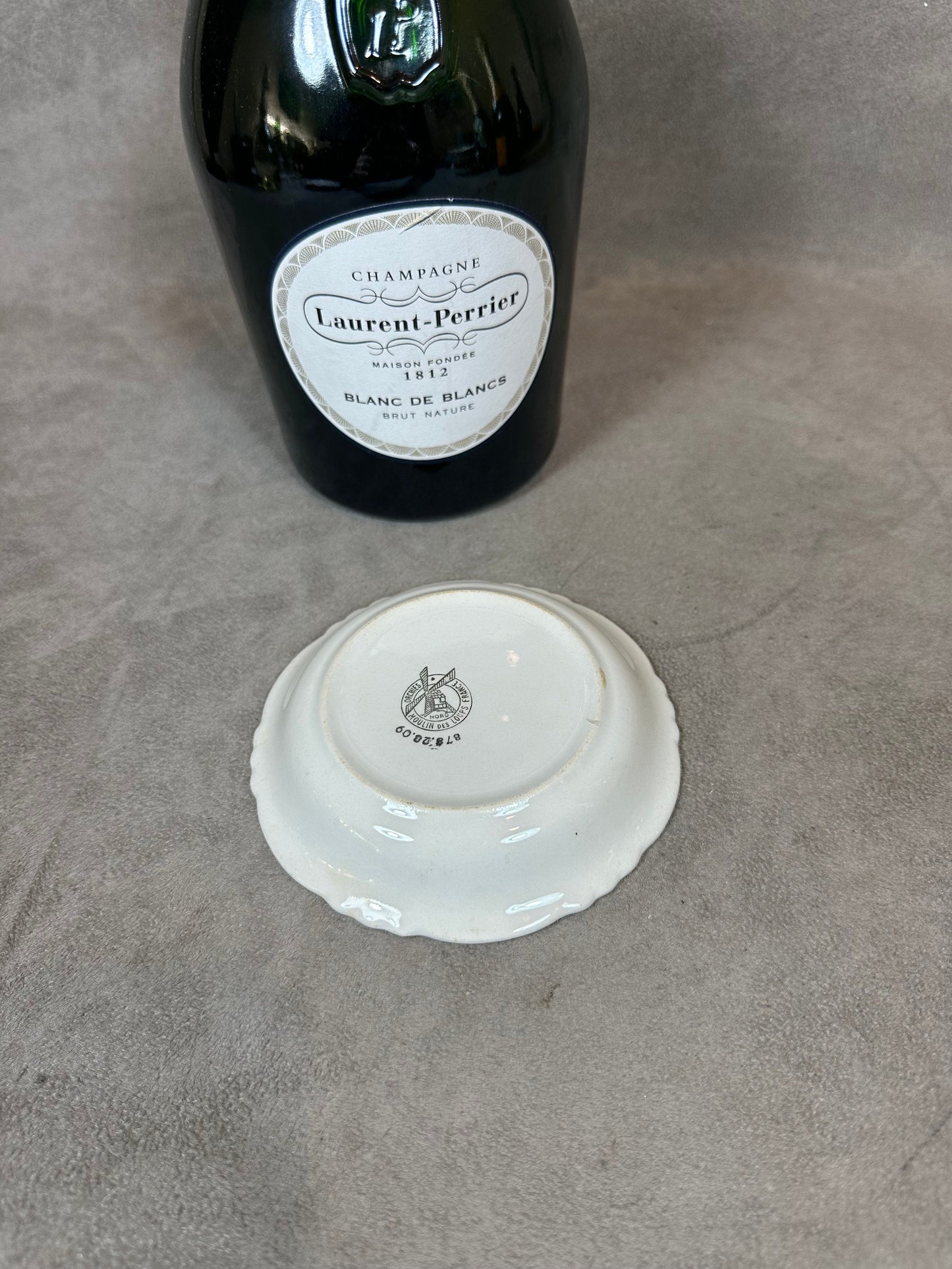 Laurent-Perrier ashtray empty pocket vintage advertising item in earthenware Moulin des Loups Champagne Reims France vintage