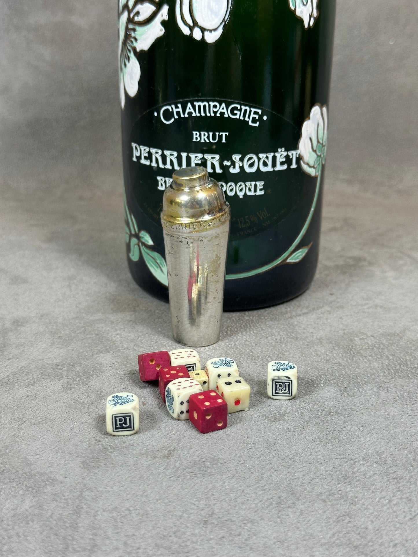 SEHR SELTEN, Silberner Würfelspiel-Shaker aus Metall von Argit, Champagner Perrier Jouet, Hergestellt in Frankreich, Vintage 1950