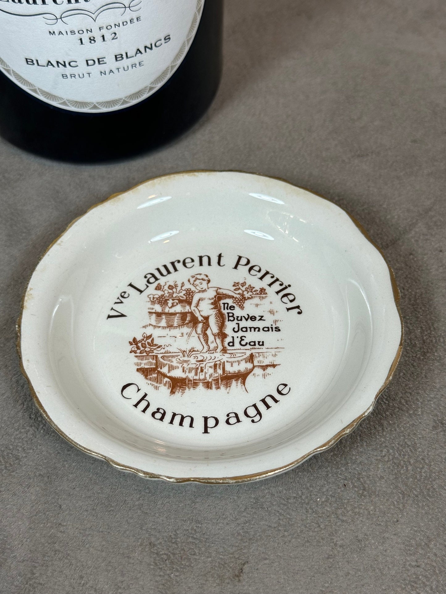 Laurent-Perrier ashtray empty pocket vintage advertising item in earthenware Moulin des Loups Champagne Reims France vintage