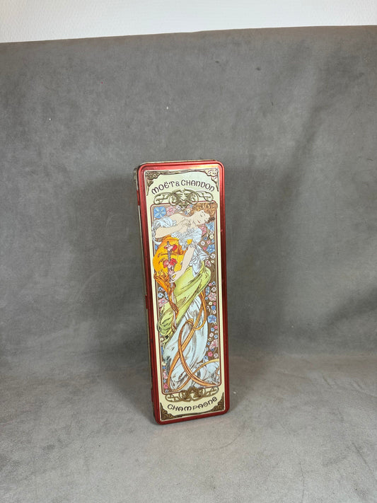 Coffret en Métal pour Bouteille de Champagne Moët & Chandon dans le style d'Alfons Mucha , Vintage 1980