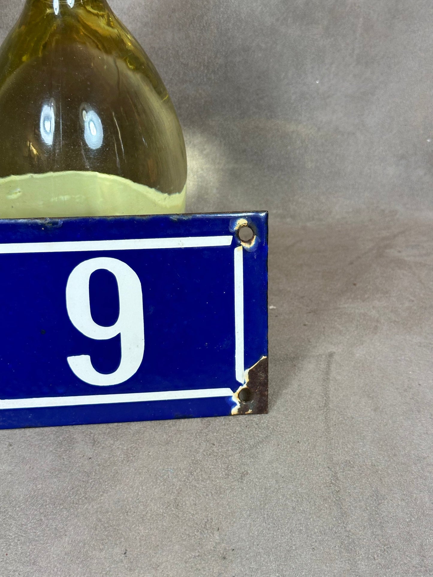 RARE Vintage French Town Street Sign Number 9 in Blue Enameled Sheet Metal. Made in France 1950